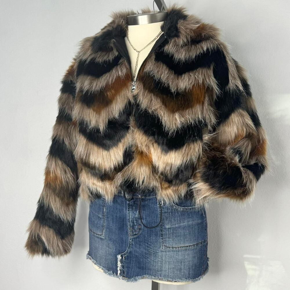 French Connection Dallow Faux Fur Bomber Jacket Chevron Brown Black Size XL
